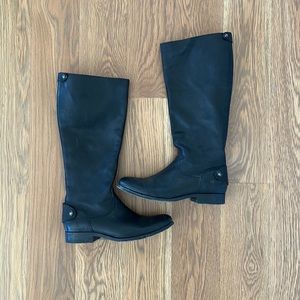 Frye Black Leather Boots with Back Zipper and Snap Detail